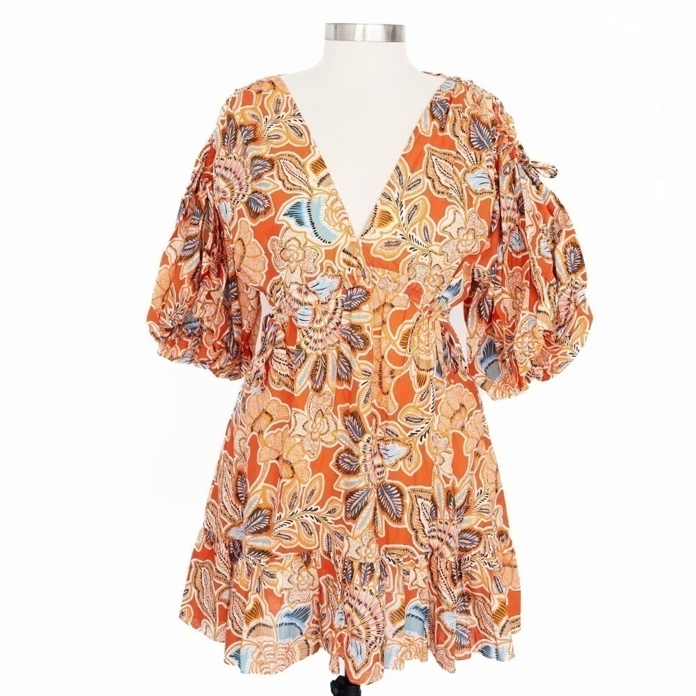 MISA Los Angeles "Sari" Balloon-Sleeve Floral Cotton Mini Dress | L | NWT
